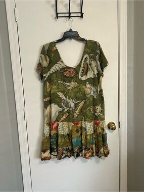 Boho Seashell Print Green Tiered Short Sleeve Dress vacation beach XXL